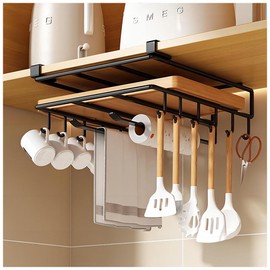 Under Cabinet Cutting Board Holder, Multifunctional Under Cabinet Shelf with Hooks and Pan Lid Holder, Punch-free Cabinet Organizer for Pot Lids, Cutting Boards, Cups, Paper Towels (Black, hooked)