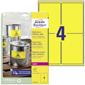 Avery Purpose Form L6127-20 Weatherproof Slides-Labels, 33.1 x 139 mm, 20 Sheet, 80 pcs, Yellow