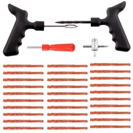 Tanstic 34Pcs Tire Repair Kit Auto Tire Plug Kit Includes 30Pcs Tire Repair Strings Plugs, Rasp Tools Single Head Valve Core Remover and 4-Way Valve Tool for Car Motorcycle