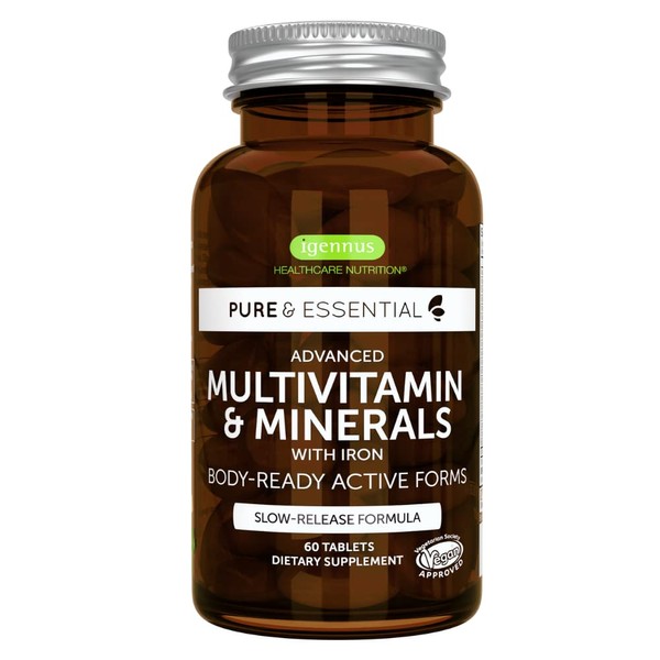 Pure & Essential Advanced Vegan Multivitamin & Minerals for Women with Iron, Vitamin D3, Methylated Folate, K2 & Zinc, Sustained Release, 90 Servings