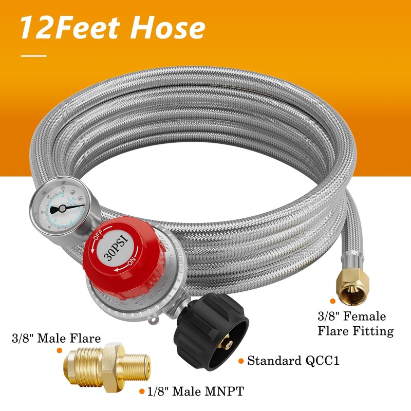 NUPICK 12FT 0-30 PSI Adjustable High Pressure Propane Regulator with