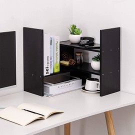 Expandable Desktop Bookshelf,Wood AdjustableDesktop Storage Organizer,Desktop Storage Rack,Free Style Rotation Display,Office Supplies Desk Organizer,Multipurpose Rack Office,Bathroom,Kitchen (Black)