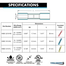 Kable Kontrol Heat Shrink Butt Connectors - 16-14 AWG 100 Pcs – Insulated Butt Splice Waterproof Marine Grade Electrical Wire Crimp Terminals, Copper & HDPE, for Automotive, Boat, Stereo Wiring - Blue