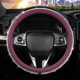 Purple Bling Diamond Steering Wheel Cover, Leather with Crystal Rhinestones, Universal 14.5-15 Inch for Ladies