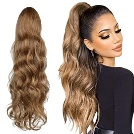 FELENDY Ponytail Extension Drawstring 22" Long Wavy Wrap Around Pony Tails Body Wave Curly Clip in Hair Pieces for Women