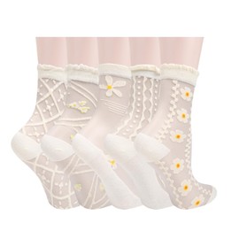 Benefeet Sox Womens White Lace Sheer Socks Thin Nylon Crystal Glass Socks Girls Cute Floral Patterned Mesh Socks Fancy Clear Sheer Ankle Socks Novelty Transparent See Through Crew Socks 5 Pack