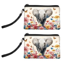 Peacoblue Coin Purse for Women Girls Elephant and Flowers 2 Packs Small Change Purse with Zipper, Durable and Soft Canvas Wallet Pouch for Travel, Gift