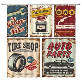 Antique Cars Shower Curtain 1950s License Plate Garage Poster Retro Country American Repair Vintage Nostalgic Letter Bathroom Decor Curtains Accessories Polyester Burgundy Red Fabric 70 X 70 Inch