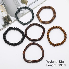 6PCS Mens Beaded Bracelets Set – Stretch Elastic Multi-Layer Wooden Bead Bracelets for Men, Natural Wood & Coconut Shell Wristbands, Vintage Style Protection & Pride Bracelet for Men, 19cm Circumferen