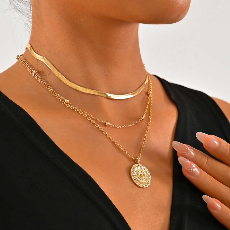 Reaky Boho Layered Necklaces Gold Coin Choker Necklace 3 Pcs