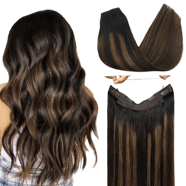 GOO GOO Wire Hair Extensions Human Hair, Balayage Natural Black Mixed Chestnut Brown 16 Inch 95g Hair Extensions Secret Fish Line Layered Hairpiece Straight Human Hair Extensions