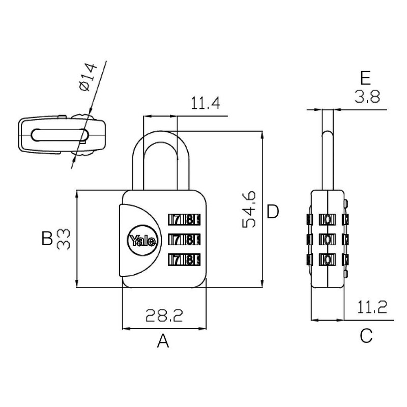 Yale YP1/28/121/1G Combination Travel Padlock, Grey, 28 mm
