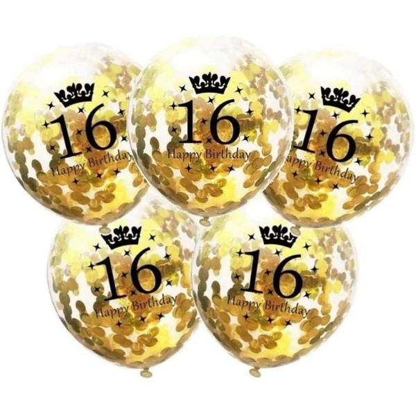DIWULI 5pc 16th Birthday Number Balloons, Gold, 12 Inch, Confetti,
