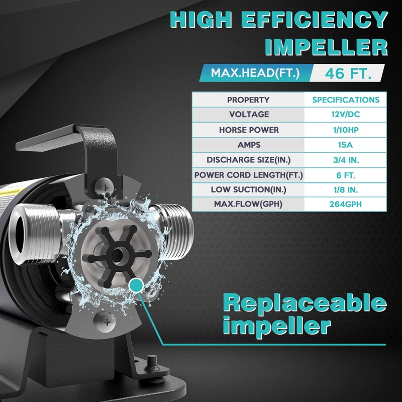 Acquaer Water Transfer Pump DC 12V 1/10HP Portable Electric Water