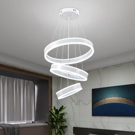 O'NEELDY Modern LED Chandeliers Adjustable Hanging White Pendant Light Fixture 3 Ring Flush Mount Chandeliers for Bedroom,Kitchen,Island Cafe