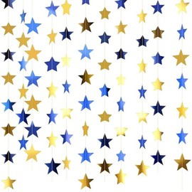 Gold Blue Glitter Star Garland Hanging Decorations, Streamer Bunting Banner Decorations,65 Feet, Twinkle Star Backdrop for Graduation, Birthday, Wedding, Christmas Party, New Year (Gold Blue)