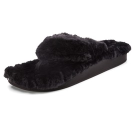 OLUKAI Kipe'a Heu Women's Sandal Slippers, Soft & Comfortable Shearling-Wrapped Straps, Durable RUbber Outsoles for All-Day Wear, Causal & Cute Everyday Style, Black/Black, 10