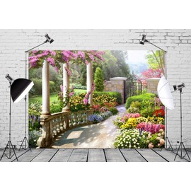 Loccor Fabric 5x3ft Spring Garden Backdrop Vintage Pillar Colorful Flower Floral Blossom Photography Background Newborn Baby Shower Party Supplies Decoration Photoshoot Photo Studio Prop Favor Banner