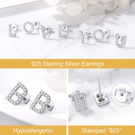 FOCALOOK Women's Cubic Zirconia Letter Stud Earrings 925 Silver 26 Alphabet A-Z Ear Piercing Initial Earrings Jewellery Accessory for Birthday Valentine's Day, Sterling Silver