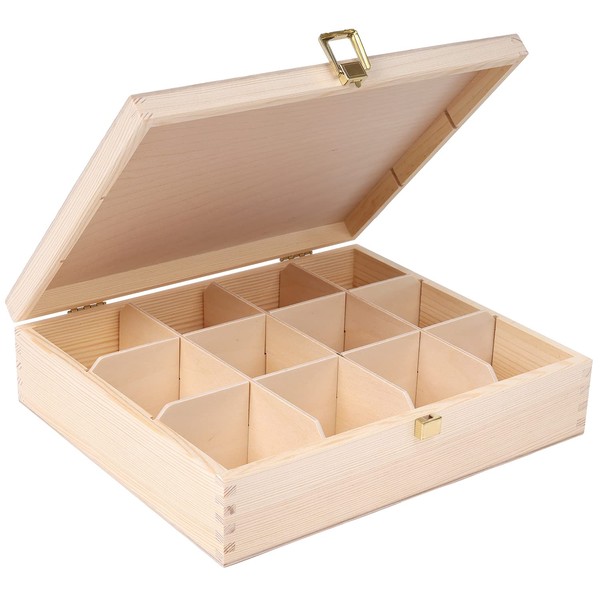 Creative Deco Unpainted Wooden Tea Box Storage with Lid | 12 Compartments | 29x25x7.5cm | Natural Wood | Luxury Compartment Organiser Keepsake Caddy Chest for Christmas Xmas Chocolate & Coffee