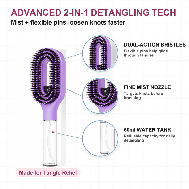 Hair Brush with Water Spray, 2-in-1 Misting Detangler for Curly
