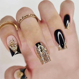 Black and Glod Press on Nails, Bling Medium Square False Nails Tips, French Full Cover Acrylic Artificial Nails, Reusable on Manicure Kit for Women 24Pcs