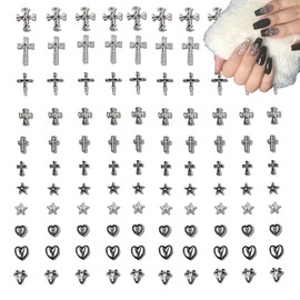 Set of 120 Nail Parts, Metal Silver Cross Star Heart Decoration Parts, DIY Nail Art Supplies, Gothic Punk (KLX120B)
