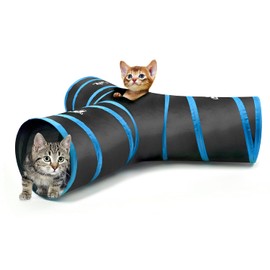 Pawaboo Cat Tunnel Tube - 3-Way Tunnels 25x53cm Extensible Collapsible Play Tent Interactive Toy Maze House Bed With Balls and Bells for Kitten Kitty Rabbit Small Animal, Blue