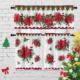 Christmas Poinsettia Curtain Valances Set, Red and Green Rod Pocket Festive Xmas Decor for Kitchen, Bedroom, Bathroom, Laundry Short Curtains 52Lx18W inch 36Lx26W inchx2, 3 Panel Set