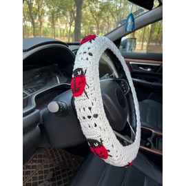 Hosootan Crochet Ladybug Car Steering Wheel Cover,Cute Seatbelt Cover,Women Car Accessories (Wheel Cover+Rainbow)