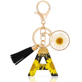 MWOOT Initial keychain, Initial Resin Letter A keychain, Cute Car Keyring, Black Key Chain with Tassel Pendant, Keyrings Daisy Keychains for women,Alphabet Keychains for Purse Handbags Charm (A)