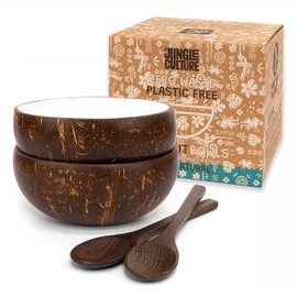 Jungle Culture 2 Polished Coconut Bowl and Wooden Spoons Set • Natural Coconut Bowls & Bamboo Straws • Smoothie Bowls • Coconut Shell Acai Bowls Healthy Choice Buddha Bowls • Eco Friendly Vegan Gifts