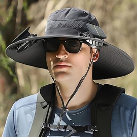 Solar Fan Hat, Wide Brim Solar Fan Hat, Outdoor Wide Brim Sun Cap with- Removable & USB Charging, Sun for Men Women Outdoor Fishing (Dark Gray)