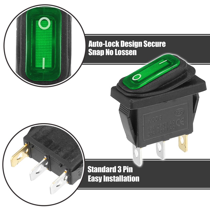 X AUTOHAUX Interior AC 250V/20A LED Rocker Switch On-Off 3