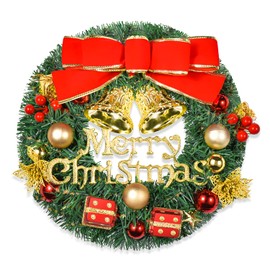 Christmas Wreath Reef for Front Door Window 13 Inch Pine Artificial Garland with Bowknot, Bells, Deer, Red Berries, Flower Gifts for Christmas Party Decor, Front Door Window Wall Wreath(Red 2)