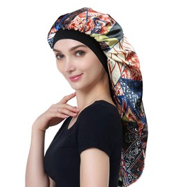 Alnorm Long Satin Bonnet Sleep Cap - Double Layer Soft Elastic Band, African print, Einheitsgröße