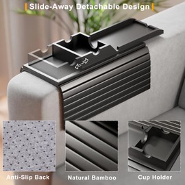 Bestjing Bamboo Couch Armrest Table, Sofa Arm Tray with Detachable Couch Cup Holder- 2 in 1 Anti-Slip Foldable Sofa Armchair Caddy Table for Drinks Cellphone TV Remote Snacks (Black)
