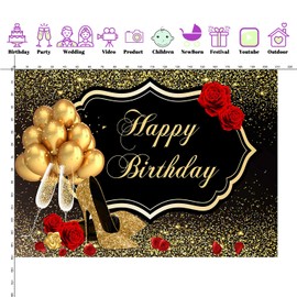 NeoBack 7x5ft Vinyl Glitter Gold Happy Birthday Backdrop Red Rose Floral Golden Balloons Heels Champagne Glass Background for Women Birthday Party Decorations Birthday Party Banner N0016B
