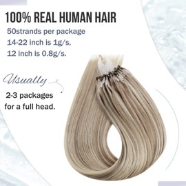 Hetto Microring Real Hair Extensions, Blonde Micro Ring Extensions, Remy Real Hair, Cold Fusion Extensions, Micro Ring Hair Extensions, Ash Blonde Highlights Light Blonde #17/23, 1 g/Strand, 50 g, 55