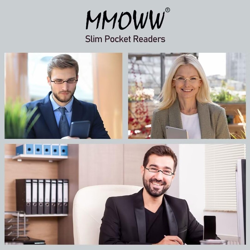MMOWW Small Reading Glasses Men Women 4 Pairs Slim Pocket