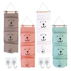 Vegena Pack of 4 Wall Hanging Bag Hanging Bag Storage Hanging Storage Children's Room with Hooks Storage Hanging Organiser with 3 Pockets for Children's Room Bathroom Bedroom