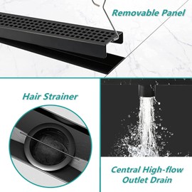 BARONAGE Linear Shower Drain 24 Inch with Removable Square Hole Pattern Cover Grate, 304 Stainless Steel Black Shower Floor Drain Watermark & CUPC Certified Include Accessories
