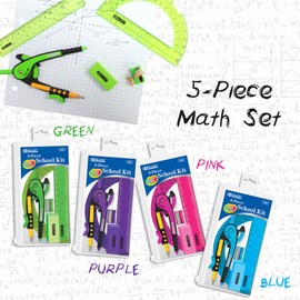 BAZIC Math Geometry Set 5 Pieces, Protractor, Compass, Sharpener, Wood Pencil, Eraser, Storage Zipper Pouch, Drafting Drawing Tool, 4-Packs