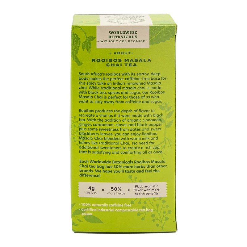 Worldwide Botanicals Rooibos Masala Chai Herbal Tea - Organic, Caffeine