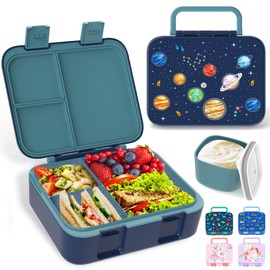 Anyiner Kids Lunch Box, Leakproof Bento Lunch Box with Multi-Compartments & Sauce Jar, Portable Snack Box Mermaid Bento Box for Kids Adults Work School, Dark Blue Planet