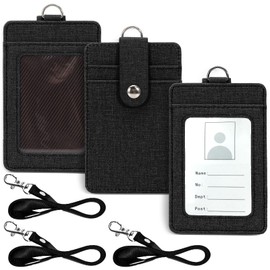 LELE LIFE 3Pcs Vertical Id Badge Holder with Lanyard, Linen Id Card Holder with 3 Slots, Lanyards for Id Badges Protector, Id Holder for Badges for Work Name Badge Case Sleeve,Black