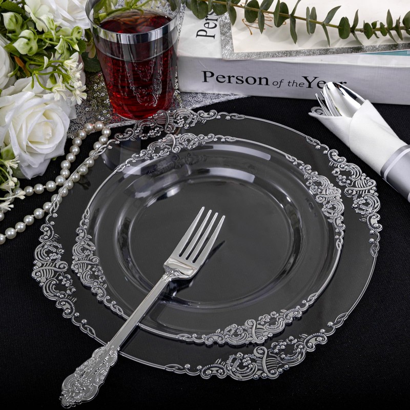 Morejoy 350PCS Clear Silver Plastic Plates - Silver Disposable Plates