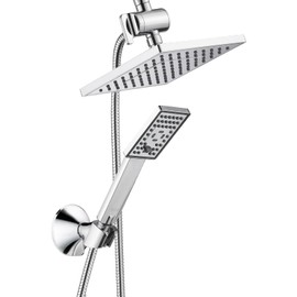 BRIGHT SHOWERS Rain Shower Head with Handheld Spray, 8 Inch High Pressure Rainfall Shower Head Combo with 60” Hose, Adjustable Dual Square Showerhead with 3-Way Diverter, Wall Bracket, Chrome