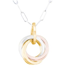 Casual Tri Color Love Knot 18 Inch Pendant Necklace with Paper Clip Chain and 925 Sterling Silver and 14K Yellow and Rose Gold-Filled Circles Everyday Three Tone Jewelry Gift Idea for Women