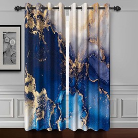 Baocicco Blue and Gold Marble Window Curtains Gold Texture Print Blackout Marble Grommet Curtain Modern Luxury Gold Crack Darkening Drape for Living Room Bedroom 2 Panels 42x108 Inch